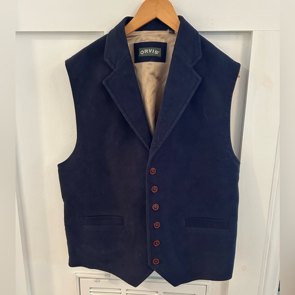 Orvis Waistcoat Mens Navy Blue Moleskin Cotton Utility Country Shooting - Picture 1 of 8